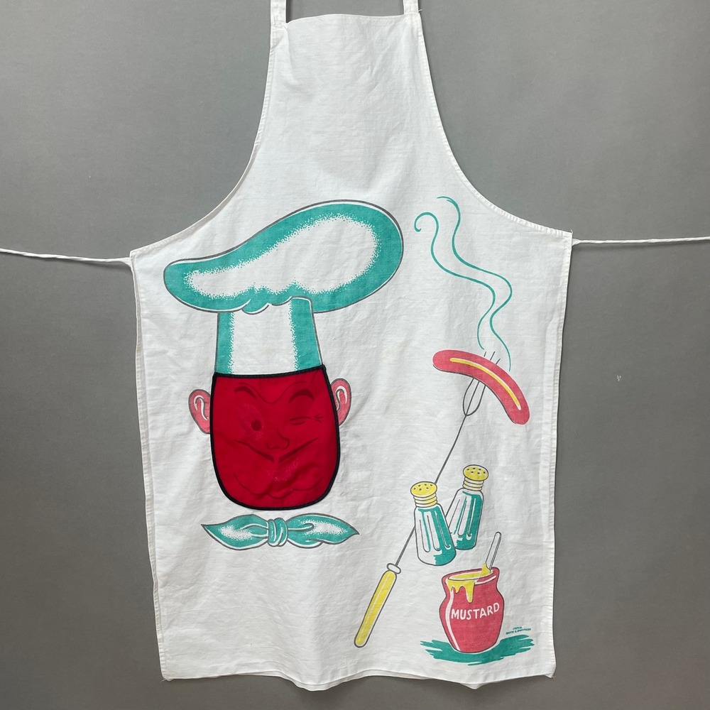 Vintage Barth & Dreyfuss BBQ Apron Winking Face Hot Dog Mustard Kitsch Retro